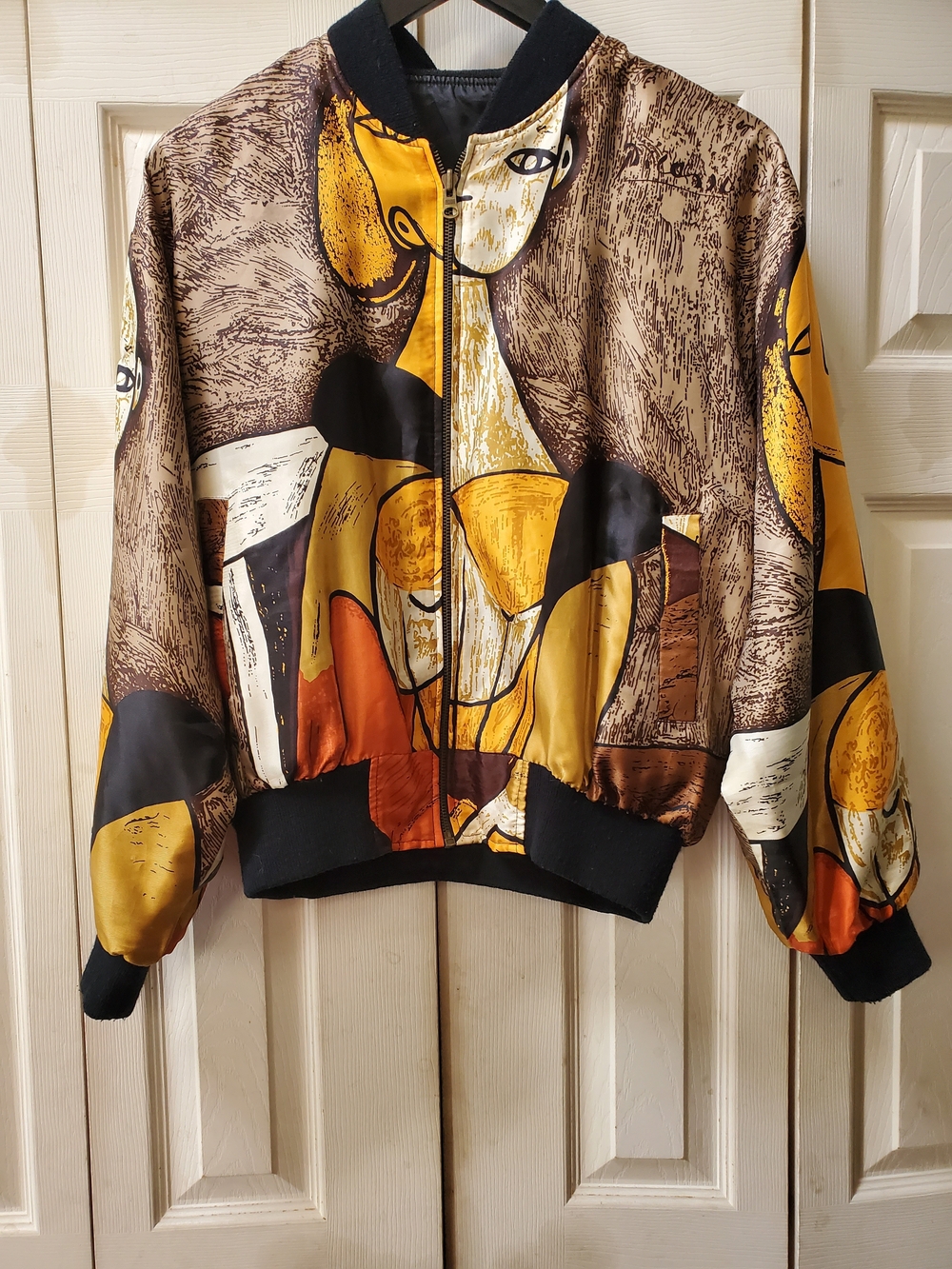 Abstract Printed Bomber Jacket in Mustard & Brown